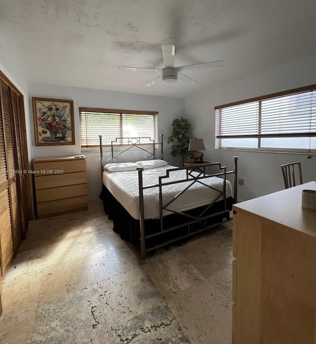 bedroom with ceiling fan and a closet