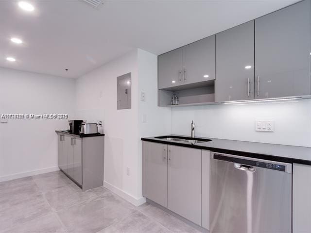 kitchen with sink, gray cabinets, stainless steel dishwasher, and electric panel