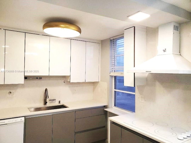 kitchen with white cabinetry, sink, decorative backsplash, wall chimney range hood, and white appliances