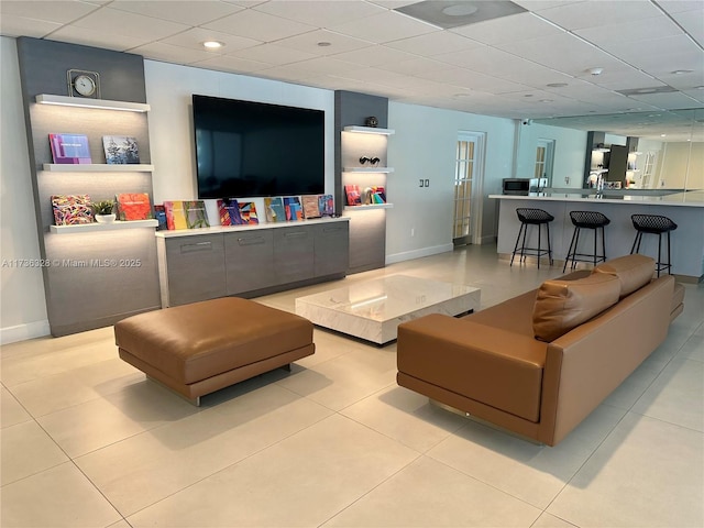 155 Ocean Lane Dr Unit 407, Key Biscayne, FL 33149 - living room featuring light tile patterned flooring, baseboards, recessed lighting, and a paneled ceiling