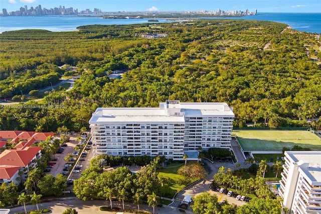 155 Ocean Lane Dr Unit 407, Key Biscayne, FL 33149 - drone / aerial view of a nearby body of water, a skyline view, and a heavily wooded area