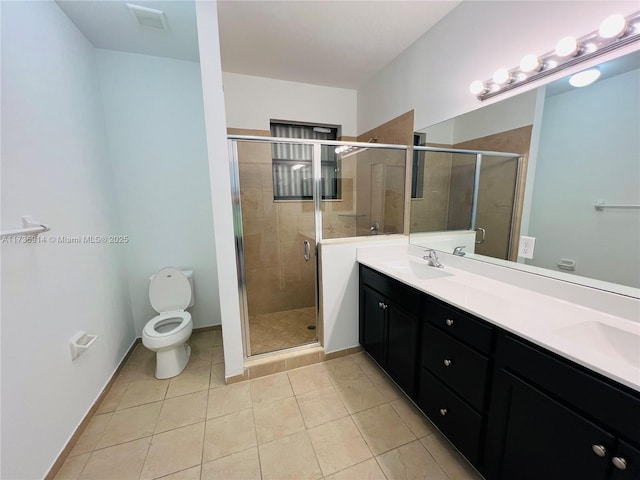 full bathroom with toilet, a stall shower, visible vents, and a sink