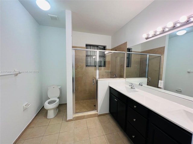 full bathroom featuring toilet, a sink, visible vents, a shower stall, and tile patterned floors