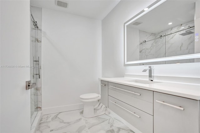 full bath with marble finish floor, visible vents, vanity, and baseboards