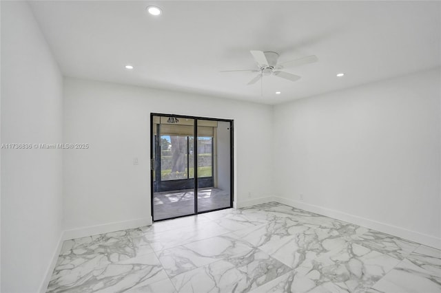 empty room featuring marble finish floor, ceiling fan, baseboards, and recessed lighting