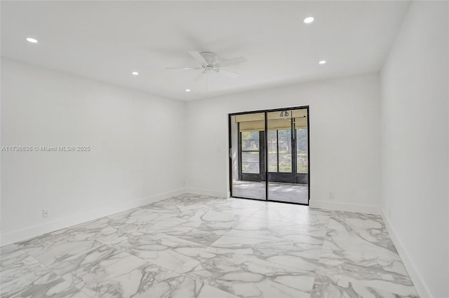 empty room with marble finish floor, baseboards, a ceiling fan, and recessed lighting