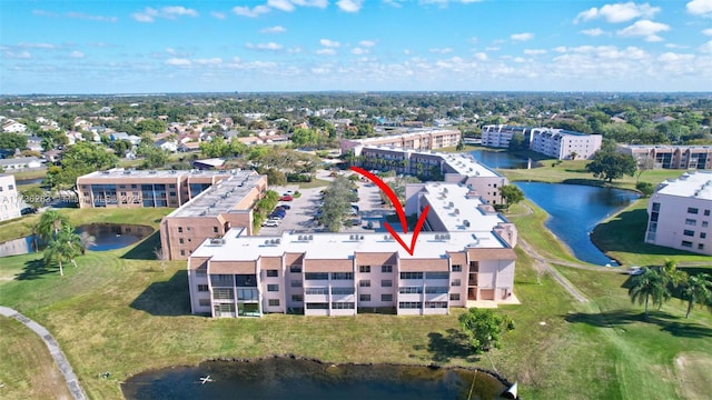 drone / aerial view featuring a water view