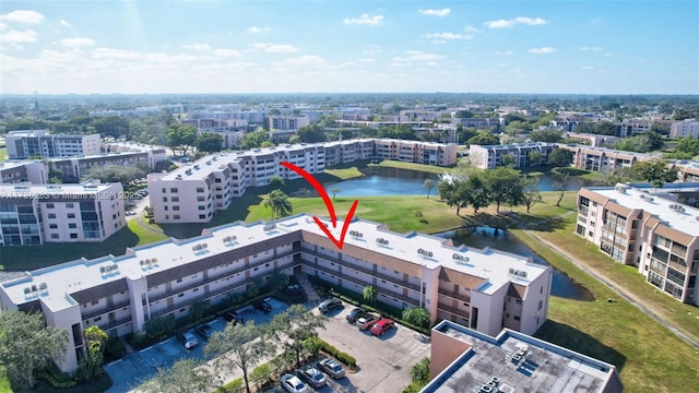 aerial view featuring a water view