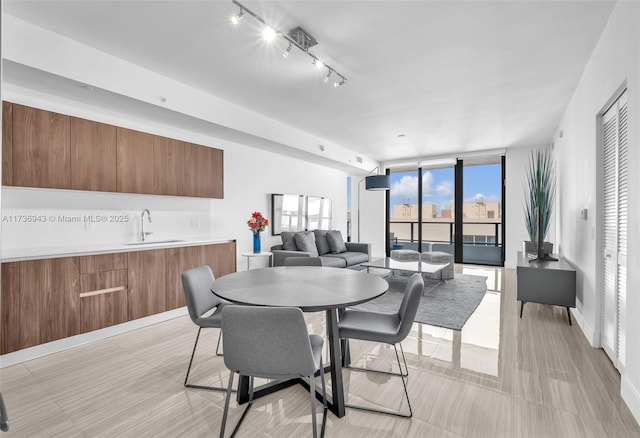 dining space featuring sink, track lighting, and a wall of windows