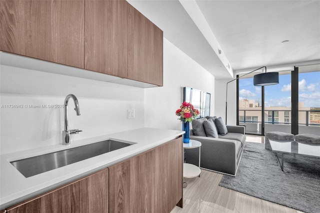 kitchen with floor to ceiling windows, sink, and light wood-type flooring