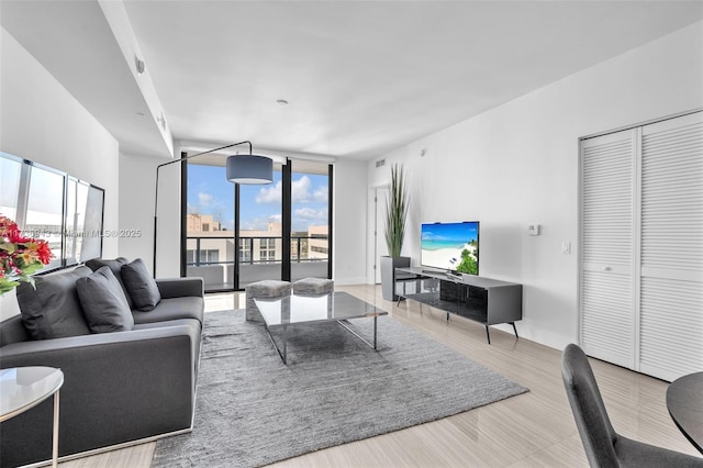 living room with a wall of windows and plenty of natural light