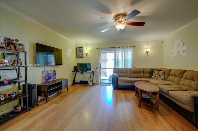 living room featuring ornamental molding, ceiling fan, and light hardwood / wood-style floors