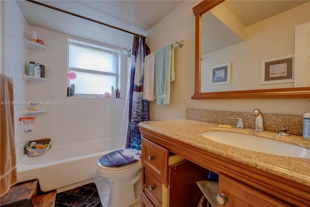 full bathroom with vanity, tile patterned floors, toilet, and shower / bath combo with shower curtain