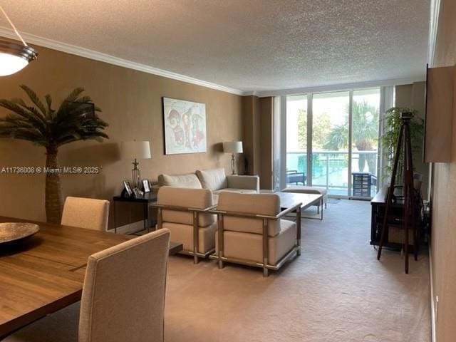 living room with crown molding, light colored carpet, a wall of windows, and a textured ceiling