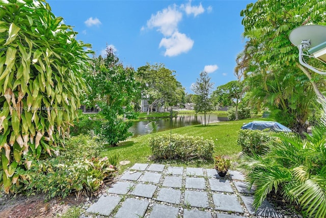 view of yard with a water view