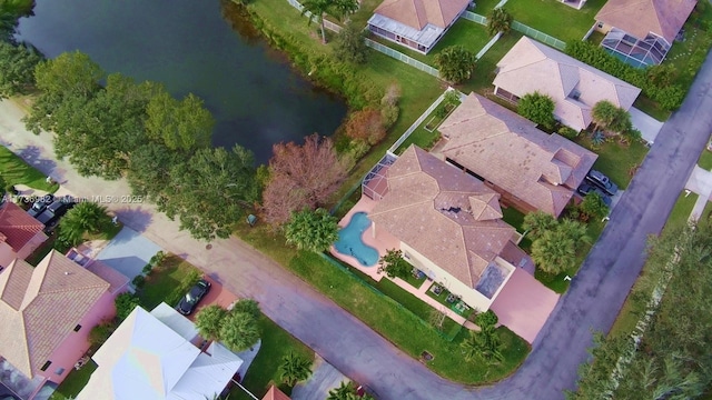 drone / aerial view featuring a water view