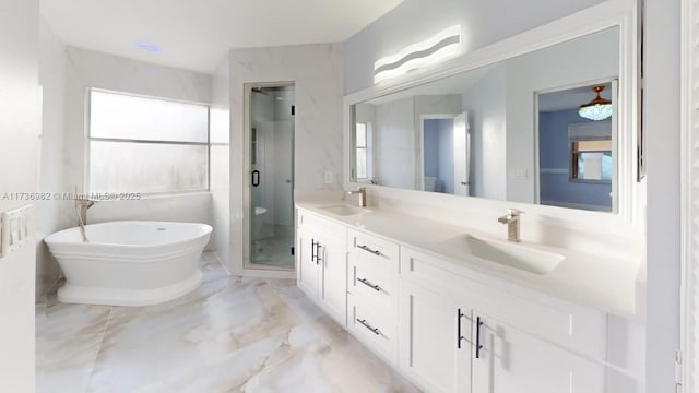 bathroom featuring vanity, independent shower and bath, and plenty of natural light