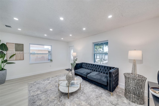 living room with light hardwood / wood-style floors and a textured ceiling