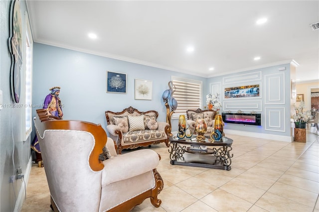 tiled living room with crown molding