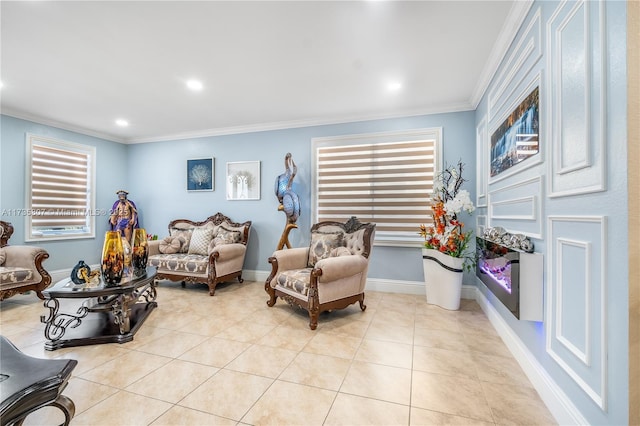 tiled living room with crown molding and a healthy amount of sunlight