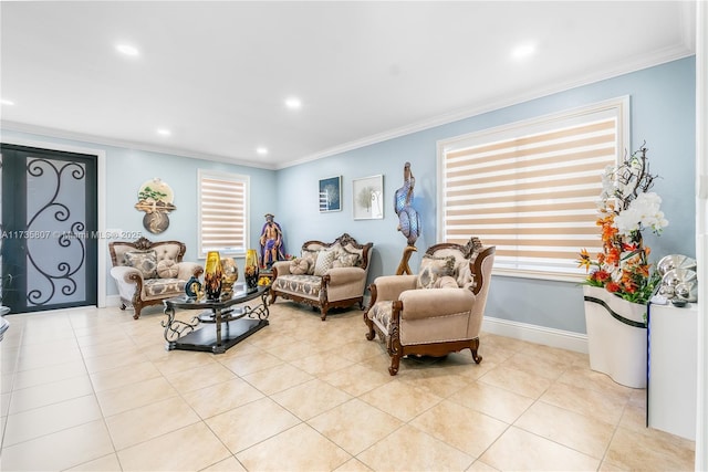 living room featuring ornamental molding and light tile patterned floors