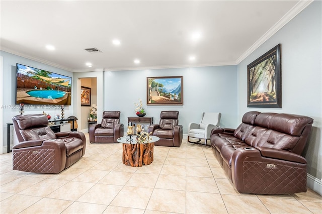 tiled living room with crown molding