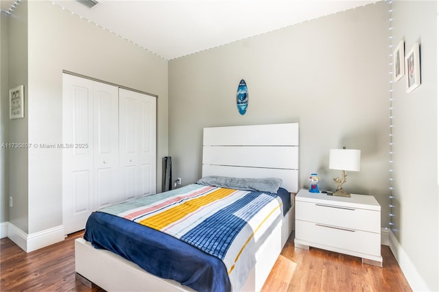 bedroom featuring wood-type flooring and a closet