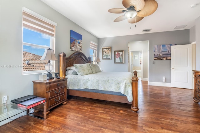 bedroom featuring dark wood-type flooring and ceiling fan