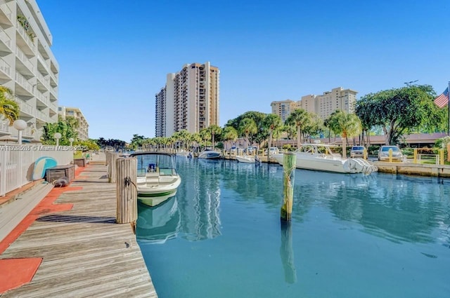 view of pool with a water view and a dock