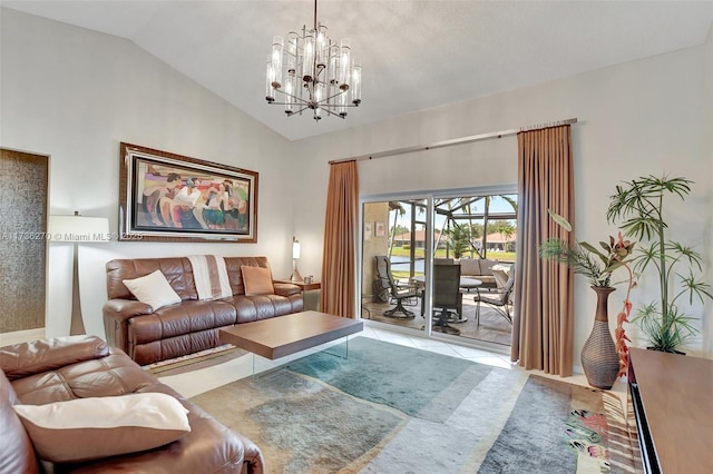 tiled living room featuring lofted ceiling and a chandelier