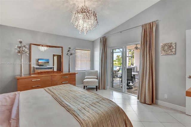 bedroom featuring lofted ceiling, access to outside, a chandelier, and light tile patterned floors