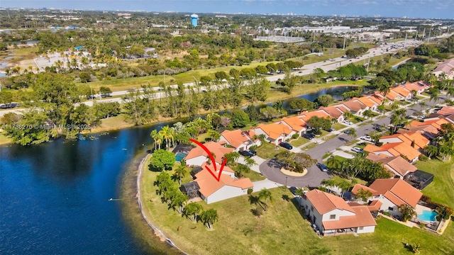 bird's eye view with a water view