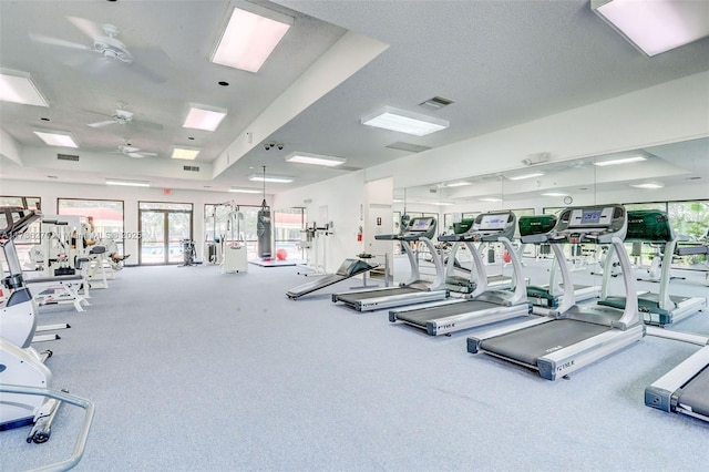 gym with ceiling fan and plenty of natural light