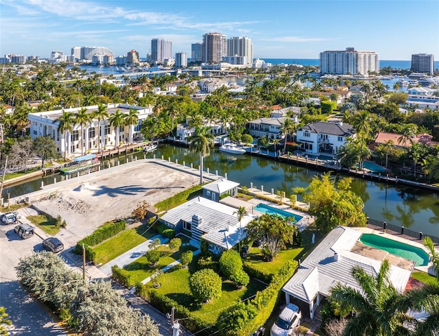 drone / aerial view featuring a water view