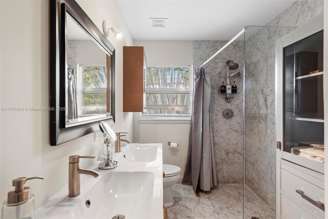 bathroom with vanity, toilet, and curtained shower