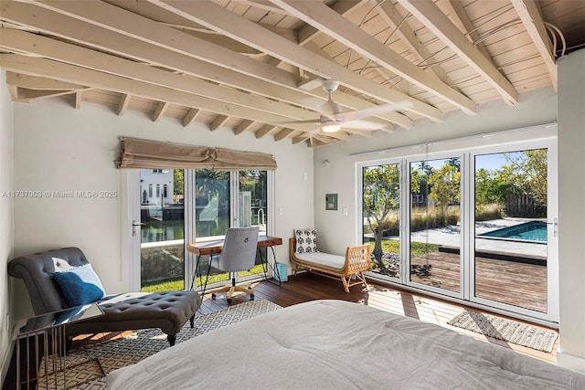 bedroom with hardwood / wood-style flooring, access to outside, wood ceiling, and beam ceiling