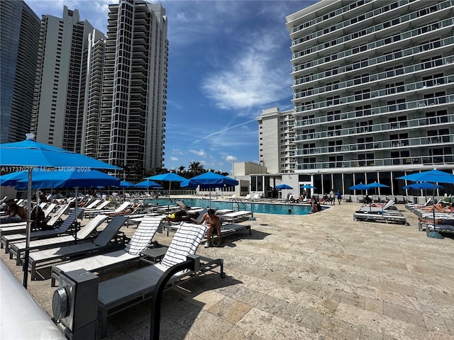 view of swimming pool featuring a patio area