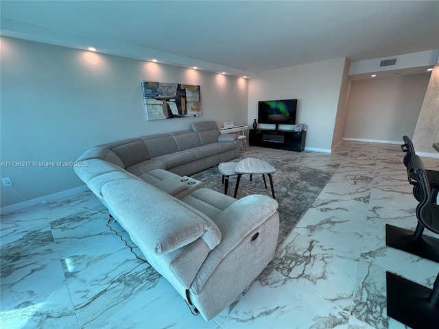 living area featuring marble finish floor, baseboards, visible vents, and recessed lighting