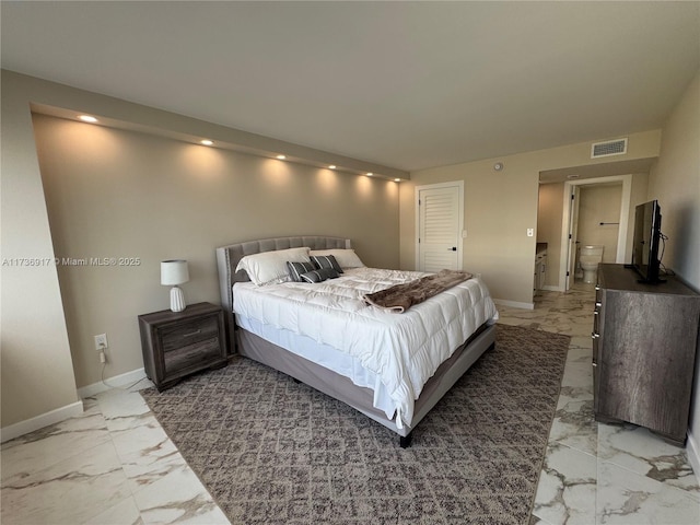 bedroom featuring marble finish floor, visible vents, and baseboards