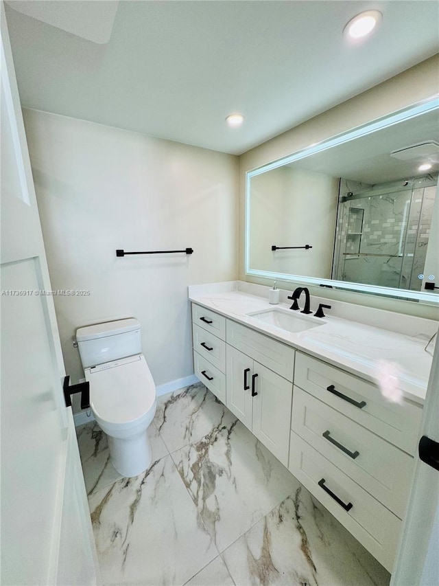 full bathroom featuring marble finish floor, a stall shower, vanity, and recessed lighting