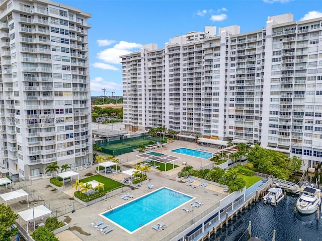 pool featuring a water view and a patio