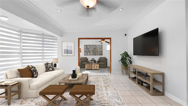 living room featuring light tile patterned floors, a ceiling fan, visible vents, and ornamental molding