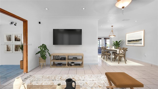 living room featuring light tile patterned floors, baseboards, ornamental molding, and recessed lighting