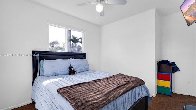 bedroom with baseboards, carpet, and ceiling fan