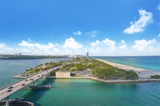 drone / aerial view featuring a water view and a view of the beach