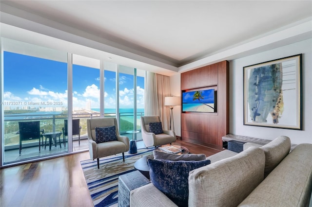 living room featuring floor to ceiling windows and hardwood / wood-style floors