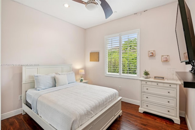 bedroom with ceiling fan, baseboards, dark wood-type flooring, and recessed lighting