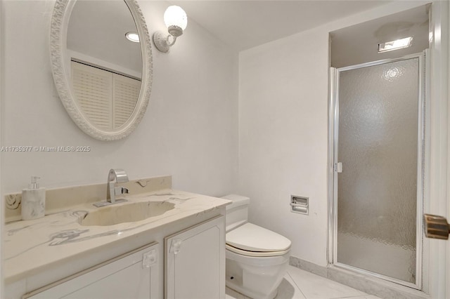 bathroom featuring vanity, tile patterned floors, toilet, and walk in shower