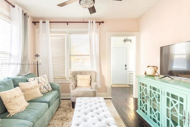 living room featuring ceiling fan and hardwood / wood-style floors