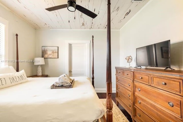 bedroom featuring ceiling fan and wooden ceiling